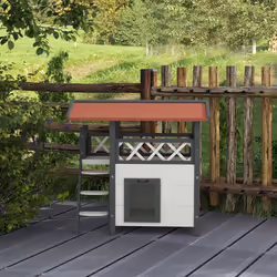 PawHut Outdoor Cat House w/ Balcony Stairs Roof, White - Additional view 6