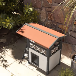 PawHut Outdoor Cat House w/ Balcony Stairs Roof, White - Additional view 7
