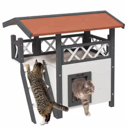 PawHut Outdoor Cat House w/ Balcony Stairs Roof, White - Additional view 8