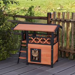 PawHut Outdoor Cat House w/ Balcony Stairs Roof, Brown