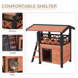 PawHut Outdoor Cat House w/ Balcony Stairs Roof, Brown