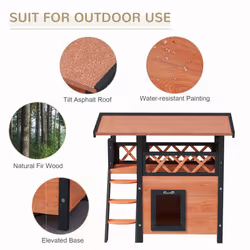 PawHut Outdoor Cat House w/ Balcony Stairs Roof, Brown