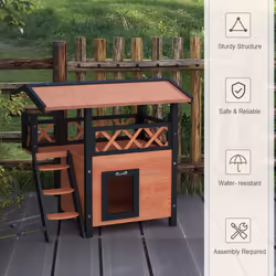 PawHut Outdoor Cat House w/ Balcony Stairs Roof, Brown - Additional view 4