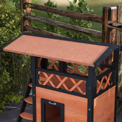 PawHut Outdoor Cat House w/ Balcony Stairs Roof, Brown - Additional view 5