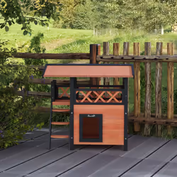 PawHut Outdoor Cat House w/ Balcony Stairs Roof, Brown - Additional view 6