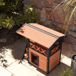 PawHut Outdoor Cat House w/ Balcony Stairs Roof, Brown - Additional view 7