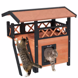 PawHut Outdoor Cat House w/ Balcony Stairs Roof, Brown - Additional view 8