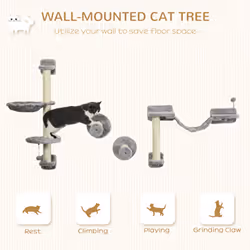 PawHut Cat Wall Furniture with Hammock, Perches, Ladder, Scratching Post, Grey