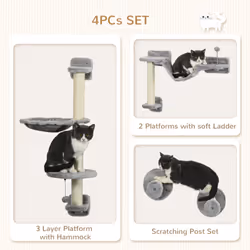 PawHut Cat Wall Furniture with Hammock, Perches, Ladder, Scratching Post, Grey