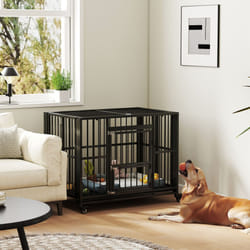 PawHut 43" Foldable Heavy Duty Dog Crate w/ Locks, Removable Tray, Wheels