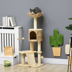 PawHut 116cm Cat Tree Tower w/ Scratching Post, Cat House, Ball, Platform, Beige