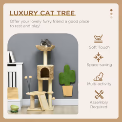 PawHut 116cm Cat Tree Tower w/ Scratching Post, Cat House, Ball, Platform, Beige