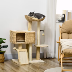 PawHut 95cm Cat Tree Tower w/ Scratching Post, Cat House, Ball, Platform - Beige