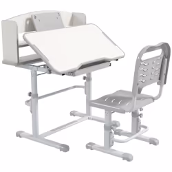 ZONEKIZ Height Adjustable Kids Desk and Chair Set, with Drawer, Bookshelf, Grey