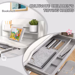 ZONEKIZ Height Adjustable Kids Desk and Chair Set, with Drawer, Bookshelf, Grey - Additional view 4