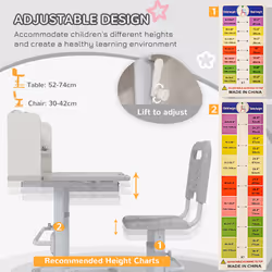 ZONEKIZ Height Adjustable Kids Desk and Chair Set, with Drawer, Bookshelf, Grey - Additional view 5