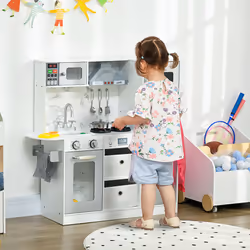 AIYAPLAY Toy Kitchen Playset w/ Lights, Sounds, Apron, Chef Hat - White