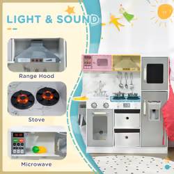 AIYAPLAY Toy Kitchen Playset w/ Lights, Sounds, Apron, Chef Hat - White