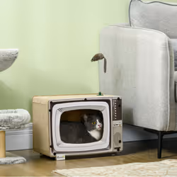 PawHut TV-Shaped Cardboard Cat House with Scratcher, Catnip, Toy Rat
