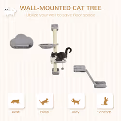 PawHut Cat Wall Furniture w/ Hammock, Platforms, Ladder, Scratching Post - Grey