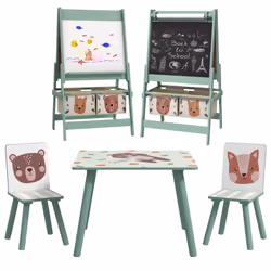 ZONEKIZ Kids Table and Chairs and Kids Easel Set with Storage, Green