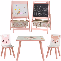 ZONEKIZ Kids Table and Chairs and Kids Easel Set with Storage, Pink