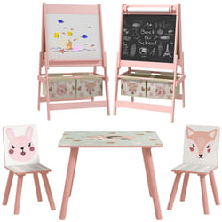 ZONEKIZ Kids Table and Chairs and Kids Easel Set with Storage, Pink