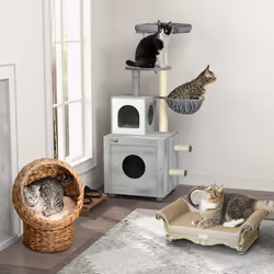 PawHut Cat Litter Box Enclosure, with Cat House, Bed, Scratching Posts, Platform - Additional view 7