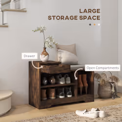 HOMCOM Upholstered Entryway Shoe Bench with Storage Drawer Open Shelf Brown