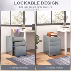 Vinsetto 3 Drawer Metal Filing Cabinet Lockable 5 Wheels Compact Under Desk Grey