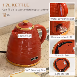 HOMCOM Kettle and Toaster Set 1.7L Rapid Boil Kettle & 4 Slice Toaster Red