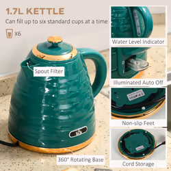 HOMCOM Kettle and Toaster Set 1.7L Rapid Boil Kettle & 4 Slice Toaster Green