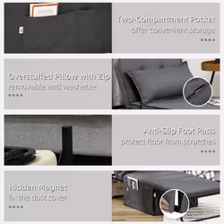 HOMCOM Convertible Sleeper Chair with Pillow and Side Pockets, Charcoal Grey - Additional view 4