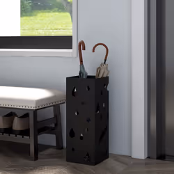 HOMCOM Metal Umbrella Stand, Square Umbrella Basket with 4 Hooks Drip Tray Black
