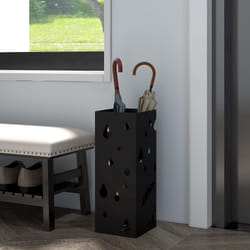 HOMCOM Metal Umbrella Stand, Square Umbrella Basket with 4 Hooks Drip Tray Black