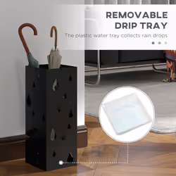 HOMCOM Metal Umbrella Stand, Square Umbrella Basket with 4 Hooks Drip Tray Black