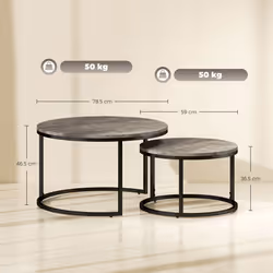 HOMCOM 2 Pcs Stacking Coffee Table Set Steel Frame, Marble Dark Grey
