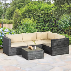 Outsunny 3Pcs Rattan Corner Sofa Set with Coffee Table, Cushion, Beige