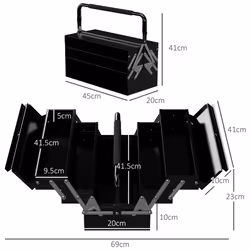 DURHAND 3 Tier Metal Toolbox with 5 Tray Carry Handle 45cmx20cmx34.5cm Black - Additional view 7