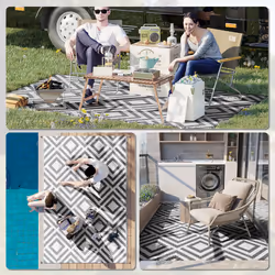 Outsunny Reversible Waterproof Outdoor Rug W/ Carry Bag, 182 x 274 cm, Black