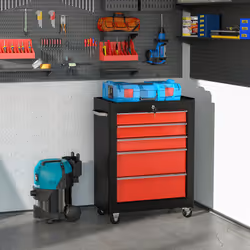 HOMCOM 5-Drawer Lockable Steel Tool Storage Cabinet Wheels Handle 2 Keys Red