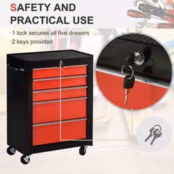 HOMCOM 5-Drawer Lockable Steel Tool Storage Cabinet Wheels Handle 2 Keys Red