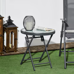 Outsunny Round Folding Side Table w/ Imitation Marble Glass Top, White