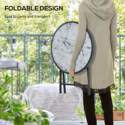 Outsunny Round Folding Side Table w/ Imitation Marble Glass Top, White
