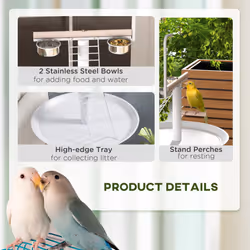 PawHut Bird Table with Four Wheels, Perches, Stainless Steel Bowls, Round Tray - Additional view 4