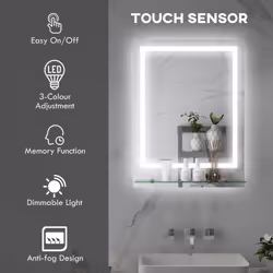 kleankin Dimmable Bathroom Mirror with LED Lights, Defogging Film, Clear