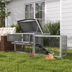 Pawhut Wooden Rabbit Hutch with Run, Asphalt Roof, Pull-Out Tray, Ramp, Grey