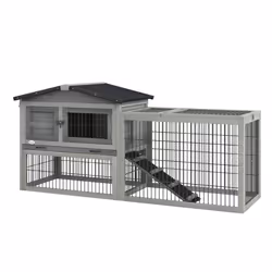 Pawhut Wooden Rabbit Hutch with Run, Asphalt Roof, Pull-Out Tray, Ramp, Grey - Additional view 8
