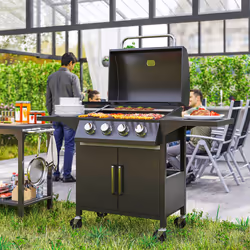 Outsunny 4 Burner Gas Grill Portable BBQ Trolley w/ 4 Wheels and Side Shelves