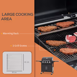 Outsunny 4 Burner Gas Grill Portable BBQ Trolley w/ 4 Wheels and Side Shelves